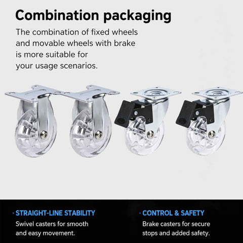 Clear Three Inch Caster Wheels Set Of Four, Heavy Duty Polyurethane Rollers With Two Swivel Brakes And Two Fixed Mounts, smooth casters for versatile use.