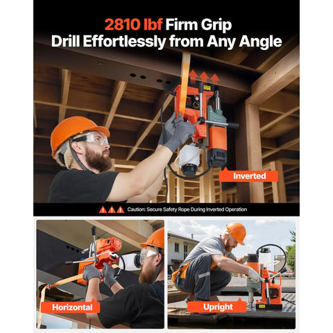 Job Site Ready 1400W Magnetic Drill Press With Two Inch Boring Range And Smooth Variable Zero Through Eight Hundred Rpm Control Paired With Rock Solid Hold Base Plus Weldon Shank For Steel Tasks, shown in various angles with firm grip.