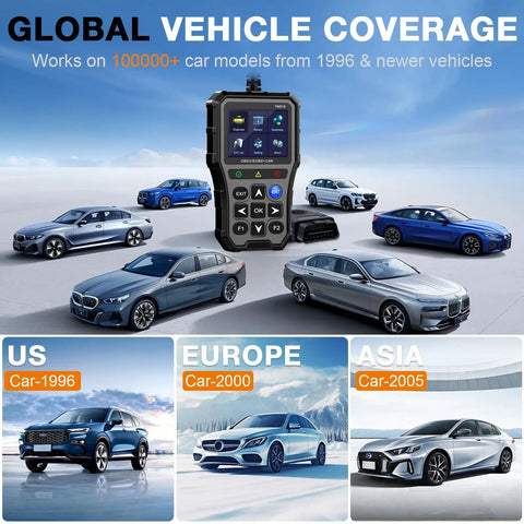 OBD2 Scanner With Battery Tester For Cars And Trucks Check Engine Light Diagnostics And Emissions Readiness Plug And Play Car Code Reader Real Time Data Battery Health Monitor Works With All OBD II Vehicles shown with various car models from US, Europe, and Asia.