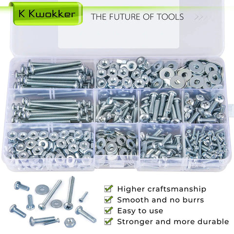 Top Shelf Assorted Hardware Kit For Cabinets And Drawers Featuring Dead Simple Phillips Pan Head Screws Mixed Jumbo Box Of Bolts Nuts And Washers In Silver Bright Finish For No Sweat Quick Fixes in a divided plastic organizer.