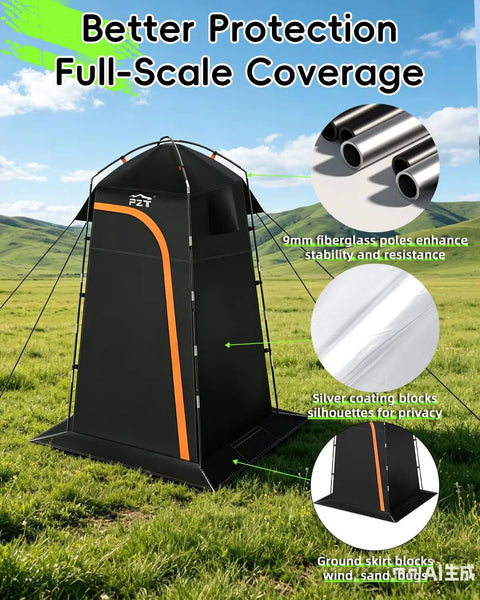 Go To Portable Shower Tent With Mesh Floor Carry Bag Easy Setup Lightweight Privacy Changing Room For Camping Hiking Fishing And Beach Trips Outdoors Now, black tent with orange stripe, fiberglass poles, silver-coated.