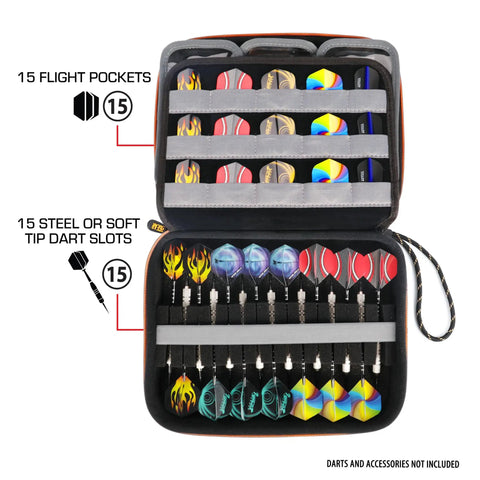 XL Dart Case With Locking Foam For On The Go Transport, open showing 15 dart slots and flight pockets, semi hard shell, black