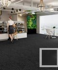 Café interior with black Peel And Stick Carpet Tiles 12 By 12 Self Adhesive Floor Mats Black Anti Slip Multi Purpose Diy Friendly Easy To Install And Clean 120 Tiles Covering 120 Sq Ft For Any Room.