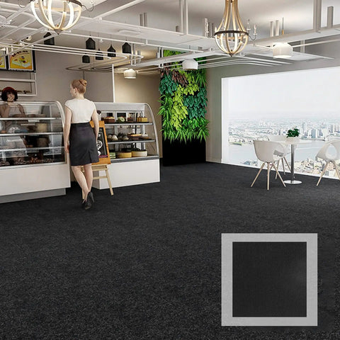 Café interior with black Peel And Stick Carpet Tiles 12 By 12 Self Adhesive Floor Mats Black Anti Slip Multi Purpose Diy Friendly Easy To Install And Clean 120 Tiles Covering 120 Sq Ft For Any Room.
