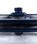 Side view of Heavy Duty 12 Inch Gin Wheel Block Set Of 2 For Rope Handling With Working Load Limit 1000 Lbs Compatible With Seven Eighths Inch And One Inch Rope Drop Forged Swivel Hook With Latch Navy Blue