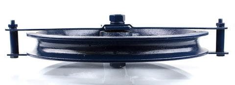Side view of Heavy Duty 12 Inch Gin Wheel Block Set Of 2 For Rope Handling With Working Load Limit 1000 Lbs Compatible With Seven Eighths Inch And One Inch Rope Drop Forged Swivel Hook With Latch Navy Blue