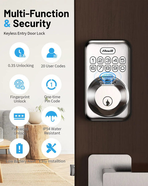 Smart Fingerprint Door Lock With Keyless Entry And 20 Biometric Fingerprints For Quick Access No Key Fumbles Auto Anti Peeping IP54 Waterproof
