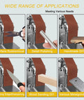 Wide range of applications for Compact Electric Mini Belt Sander Featuring Slick 7 Speed Controls and Hella Precise Angle Adjustments.