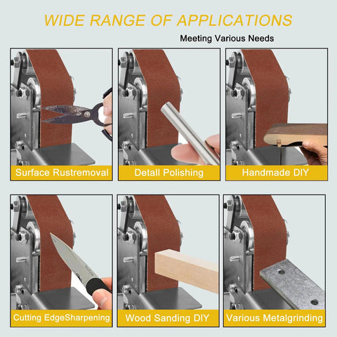 Wide range of applications for Compact Electric Mini Belt Sander Featuring Slick 7 Speed Controls and Hella Precise Angle Adjustments.