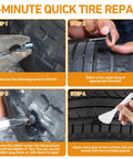 5-step guide showing Total Game Changer for Emergency Flat Repairs Featuring 40 Piece Tire Plug Kit and Three Tubes of Thick Black Tire Sealant.