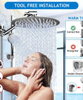 Woman enjoying shower with High Pressure 10 Inch Rain Shower Head With 11 Inch Adjustable Extension Arm And 5 Setting Handheld Shower Kit for low water pressure.