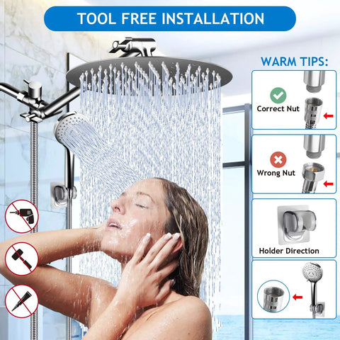 Woman enjoying shower with High Pressure 10 Inch Rain Shower Head With 11 Inch Adjustable Extension Arm And 5 Setting Handheld Shower Kit for low water pressure.