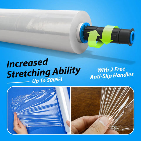 One Roll 15 Inch Wide 900 Ft Clear Heavy Duty Plastic Stretch Wrap For Shipping And Moving Pro Grade Extra Durable Shrink Film With Wrap Holder Included For Packing Trucking And Logistics, showing increased stretching ability and anti-slip handles.