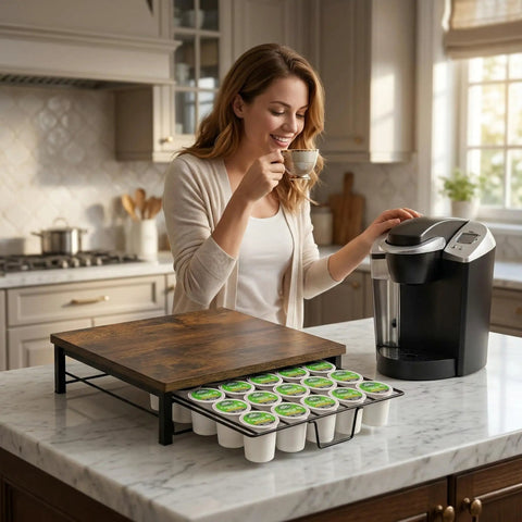Cup Holder Organizer For Coffee Pods With Sliding Drawer Holds 30 Pods Sturdy Metal Frame No Assembly Grab And Go Capsule Storage