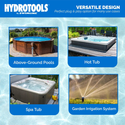 Above Ground Pool Pump 0.3 HP Hydro Flo Motor, 2220 GPH, 3450 RPM, 30 Ft Water Lift featured for pools, hot tubs, and irrigation.