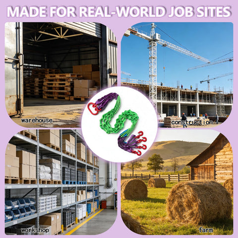 6.6 Ft Four Leg Bridle Web Sling Kit 6600 Lb Polyester Lifting Sling in warehouse, construction site, workshop, and farm settings