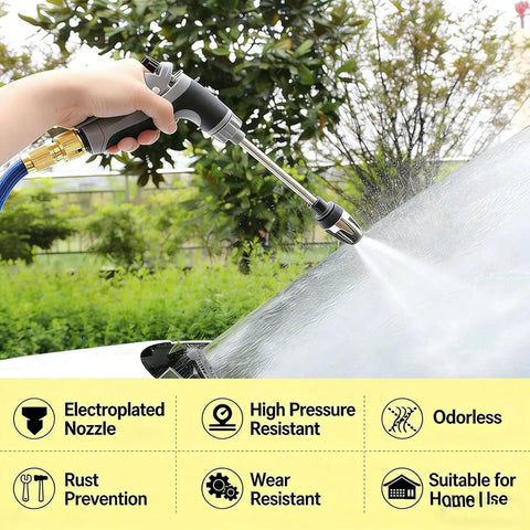 Person using Beast Mode Ready Pressure Washer Attachment with Three Spray Modes on car, showcasing water burst and universal fit.