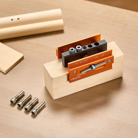Knockout Self Centering Dowel Drill Jig Kit For Woodworking With Adjustable Width Clamps and Precision Guide Bushings crafted from heavy duty aluminum on wood.