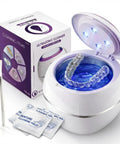 Ultrasonic Retainer Cleaner Machine With 3 Retainer Cleaning Tablets, 45kHz Dental Pod shown with aligner inside, packaging visible