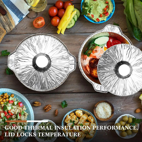 Two 12 Pack Disposable Aluminum Pots With Lids Set For Camping And Travel Cooking on picnic table with food around