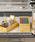 Stackable Bamboo Kitchen Drawer Organizer Bins For Silverware And Flatware, Coffee Pod Holder And K Cup Organizer on countertop
