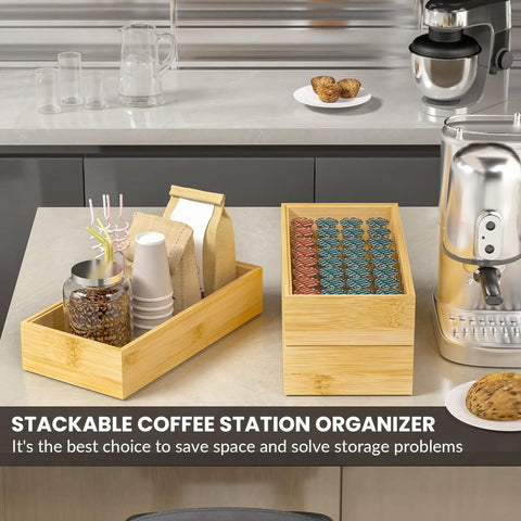 Stackable Bamboo Kitchen Drawer Organizer Bins For Silverware And Flatware, Coffee Pod Holder And K Cup Organizer on countertop