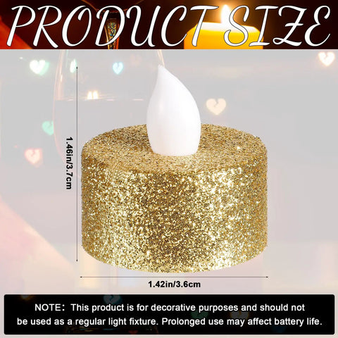 Gold LED Tea Lights Flameless Battery Operated Tealights 24 Pack For Holiday Decor Weddings Parties Birthday Home Ambience Glitter