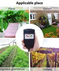 Collage showing soil pH tester meter with probe for garden, plants, greenhouse, orchard applications.
