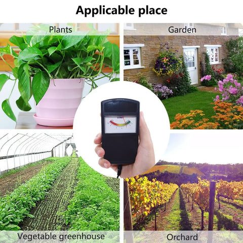 Collage showing soil pH tester meter with probe for garden, plants, greenhouse, orchard applications.
