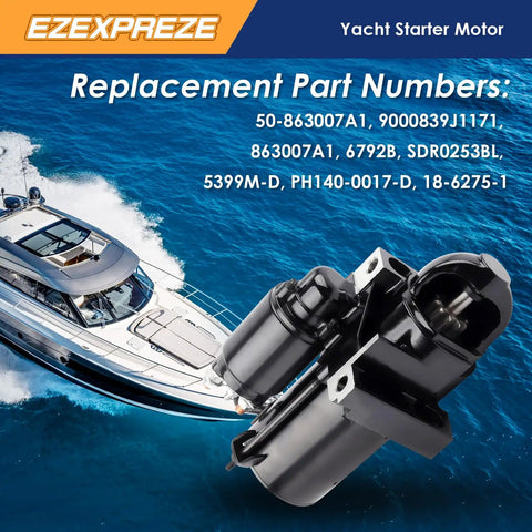 Mercruiser Volvo Penta Marine Starter Replacement For 4.3L 5.0L 5.7L 6.2L 7.4L 8.1L 8.2L V6 V8 Engines beside boat