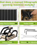 Components of A4 Manual Lever Linocut Printing Press For 25mm Thick Blocks Even Pressure shown like roller, pads, press, wrenches
