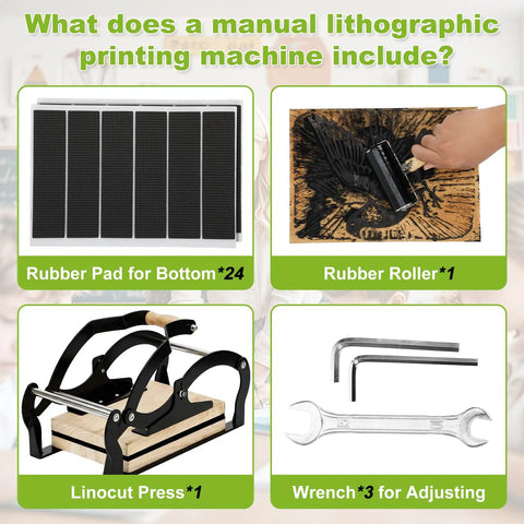 Components of A4 Manual Lever Linocut Printing Press For 25mm Thick Blocks Even Pressure shown like roller, pads, press, wrenches