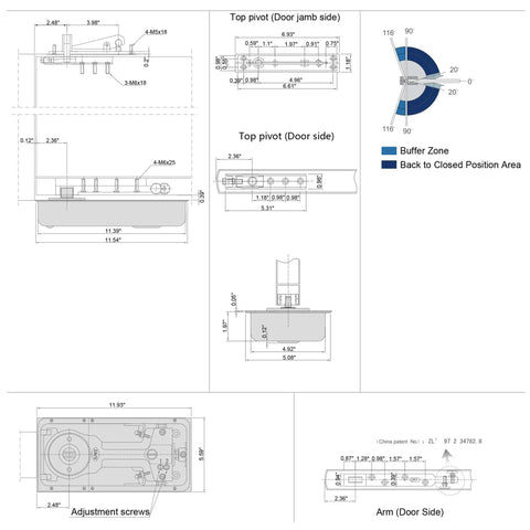 Technical diagram of a Floor Spring Hinge For Frame Glass Doors Heavy Duty Hold Open Up To 116 Degrees with measurements and components.