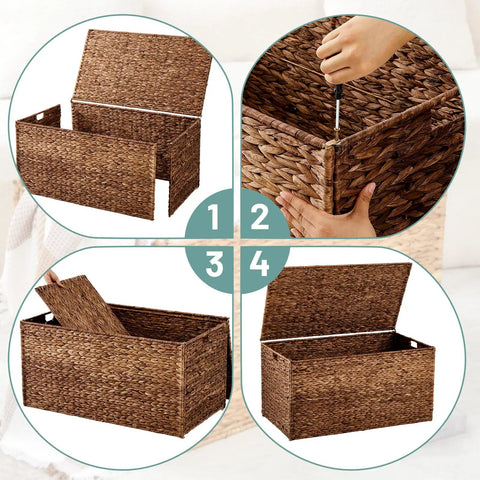 Assembly of Large Water Hyacinth Wicker Storage Chest With Metal Frame, Beefy Heavy-Duty Trunk with Lid, 36 x 20 x 18.5 inches, Brown