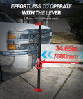 3 Ton Heavy Duty Ratcheting Farm Jack For Off Road Recovery And Utility Lifting Up To 25 Inch Range lifting front of white truck
