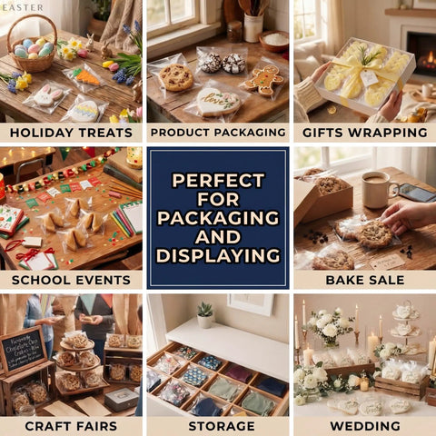 Collage showcasing uses for Clear 5x7 Inch Cellophane Bags With Self Sealing Closure for treats, crafts, and displays at various events.