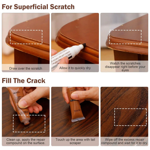 Image showing DIY Friendly Wood Repair Kit in use for fixing scratches and cracks on wooden furniture with included tools.