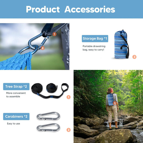 Accessories of Double Hammock With Curved Spreader Bar For Outdoor Hangouts In Patio Backyard Balcony, including tree straps and bag.