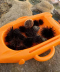 Orange Red Spearfishing Float Buoy with sea urchins, showcasing storage capacity and D ring handles.