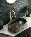 Retro Ceramic Vessel Sink for Bathroom, Oval Above-Counter Wash Vanity Sink with Accessories, for Home, KTV, Club, Balcony on marble countertop.