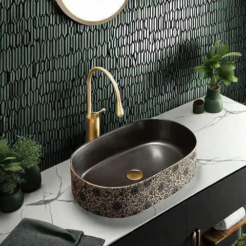 Retro Ceramic Vessel Sink for Bathroom, Oval Above-Counter Wash Vanity Sink with Accessories, for Home, KTV, Club, Balcony on marble countertop.