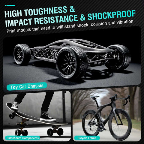 Carbon Fiber Reinforced Nylon Filament PA6-CF 1.75mm 1kg, shown in toy car chassis, skateboard components, bicycle frame applications.