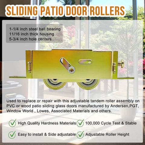 2 Pack Sliding Patio Door Tandem Roller Assembly Replacement Fits Guardian Croft VinylMax And Other Sliding Door Manufacturers 1-1/4 Inch Steel Ball Bearing End Adjustment 5-3/4 Inch Screw Hole Centers front view