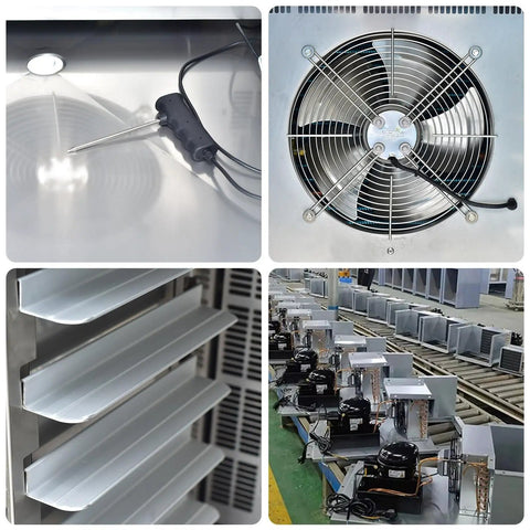 Heavy Duty Commercial Kitchen Workhorse Blast Chiller And Freezer Featuring 15 Stainless Steel Trays 220 Volt Motor And Digital Probe for temp control and cooling fan details.