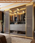 Freestanding 8Ft Closet System With Smooth Rolling Casters And Four Roomy Wood Drawers in a stylish bedroom layout.