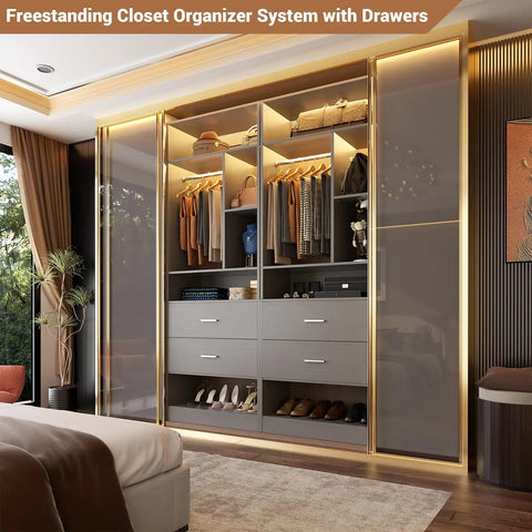 Freestanding 8Ft Closet System With Smooth Rolling Casters And Four Roomy Wood Drawers in a stylish bedroom layout.