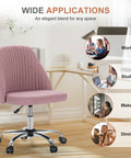 Comfy Vanity And Desk Chair With Wide Seating Armless Height Adjustable Rolling Swivel Task Chair With Wheels For Home Office Bedroom Dorm Students And Adults Blush in front of a work desk