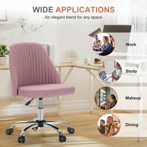 Comfy Vanity And Desk Chair With Wide Seating Armless Height Adjustable Rolling Swivel Task Chair With Wheels For Home Office Bedroom Dorm Students And Adults Blush in front of a work desk