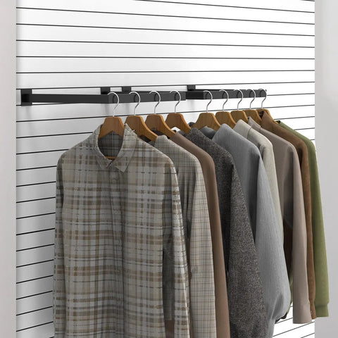 2 Pack Slatwall U Shaped Rectangular Tubing Hangrail 16x12 Inch For Retail Display And Home Apparel Storage Black Beefy Steel Built To Endure Daily Use With Powder Coated Steel And A Sleek Black Finish For Durable Retail And Home Storage displaying shirts on hangers against a slatted wall
