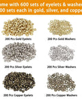 All-In-One Grommet Tool Kit With 1200 Metal Eyelets And Washers In Gold Silver Copper, showing 200 gold, silver, copper sets.